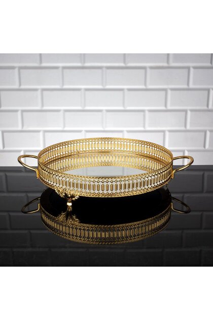 Mirrored Tray Decorative Presentation Tray Round Pearl Patterned Metal Gold 30 cm