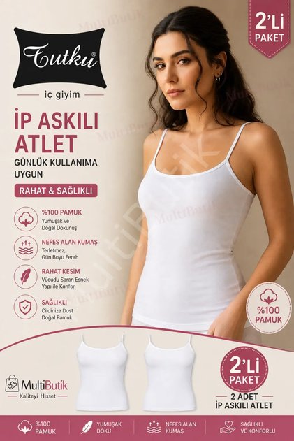 2 Pieces of 100% Ribbed White Women's Undershirts with String Straps-1