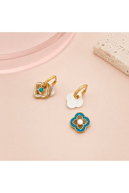 Clover Pearl Accent Hoop Earrings - Turquoise & White