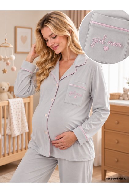 Likapashop Interlock Buttoned Embroidered Maternity Long Sleeve Pajama Set
