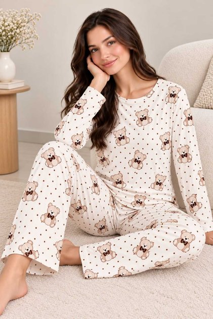 Ayıcık Desenli Kadın Basic Model Pijama Takımı