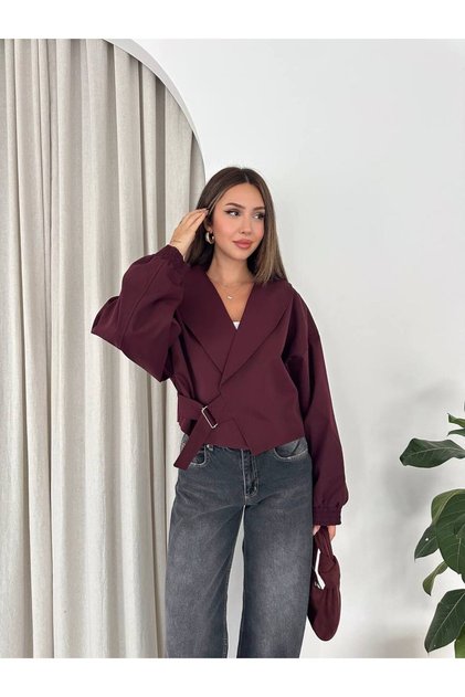 Women's Shawl Collar Short Jacket with Buckle Belt