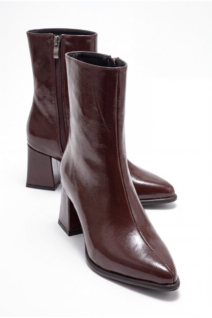Women's Brown Patent Leather Zippered Winter Heeled Boots Erzal