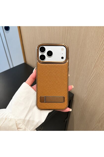 Apple iPhone 17 Pro Max Compatible Brown Armor Leather Case with Magsafe Feature and Stand