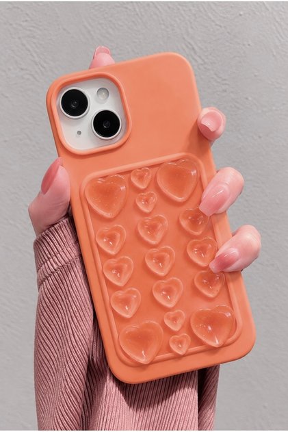 iPhone 13 / 14 / 15 Uyumlu Premium Kendinden Vakumlu İçi Kadife 3D Simli Kalp Desenli Soft Silikon Telefon Kılıfı – Orange