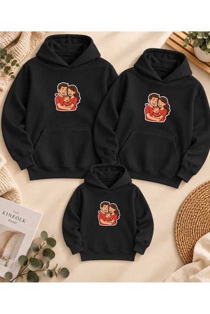 Family Matching Printed Hooded Sweatshirt Mother Father Child 3 Threaded Threaded Winter Hoodie (3 Pieces Must Be Purchased for Combination)