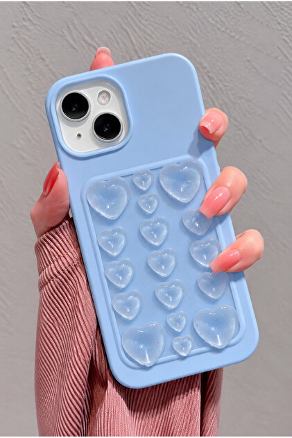 iPhone 13 / 14 / 15 Uyumlu Premium Kendinden Vakumlu İçi Kadife 3D Simli Kalp Desenli Soft Silikon Telefon Kılıfı – Bebe Mavi