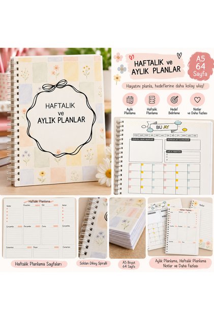 A5 Haftalık ve Aylık Planlayıcı Defter – 64 Sayfa – Soldan Spiralli Ajanda – Hedef ve Not Planlama