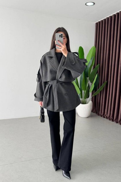 Women's Double-Breasted Collar Belted Double-Button Oversize Short Cashmere Coat