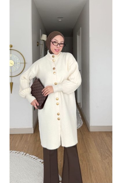 Kadın Premium Trend Dik Yaka Detaylı Tesettür Triko Tunik Hırka Kaban