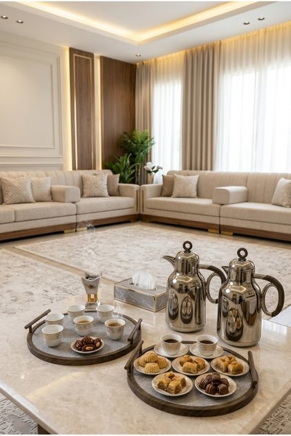 طقم ضيافة مكون من طقم ترامس شاي و قهوة 1لتر +1 لتر مع صواني تقديم الكبير 35 سم /الصغير 30 سم بتصميم أنيق وعصري