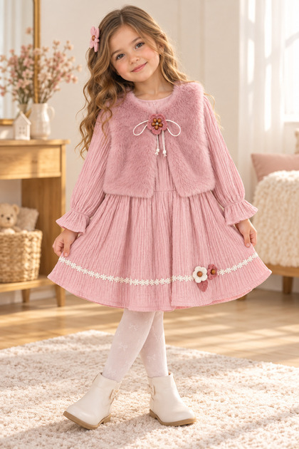 Plush Vest Scalloped Muslin Pink Girls' Dress Age 2 - 5 Years