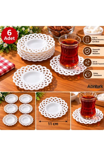 11 cm 6 Adet Beyaz Plastik Çay Tabağı Altlığı, Dekoratif Örgü Desenli Çay Kahve Sunumluk Bardak Altlığı Seti