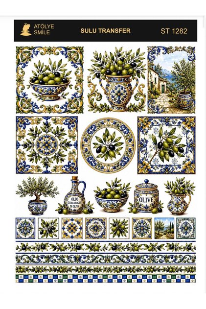 ST1282 Zeytin Temalı, Çoklu Açık Zemin Sulu Transfer 25*35 cm