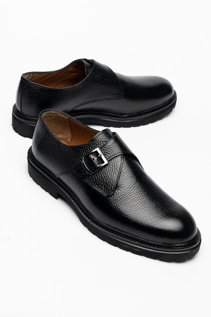 Men's Black Genuine Leather Single Buckle Monk Strap Classic Shoes