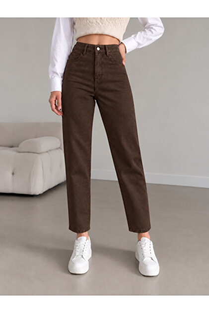 Bitter Brown Color Women's High Waist Mom Jean Denim Trousers Flexible Comfortable Fit