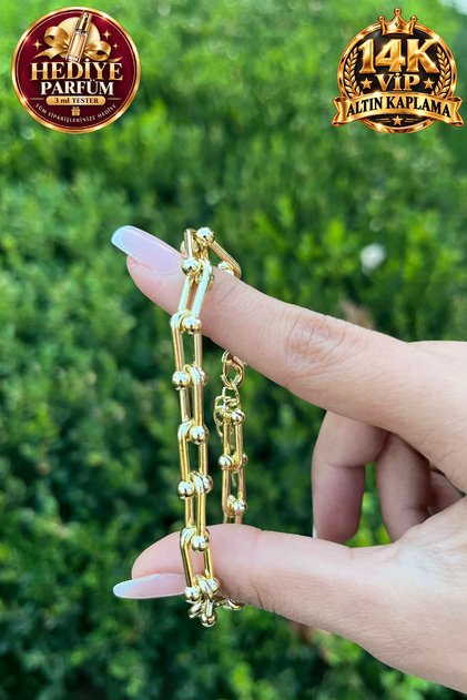 14K VIP Altın Kaplama Topçuk Detaylı Ataç Zincir Kadın Bileklik – Gold