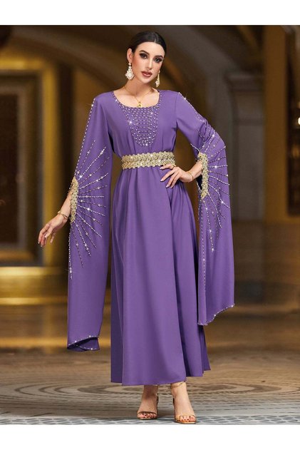 Purple Beaded Flared-Sleeve Maxi Dress