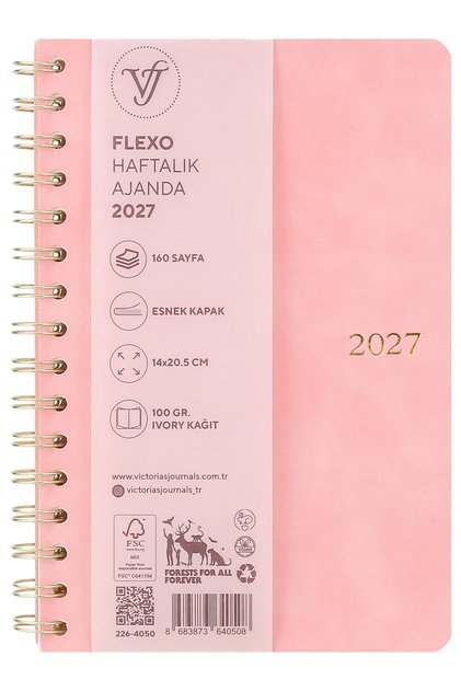 2027 Yılı Haftalık Ajanda-Spiralli A5 . Vegan Deri Esnek Kapak-Pembe