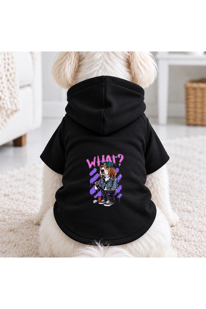Black What Dog Printed Dog Sweatshirt | Hooded, Fleece Fabric, Winter Dog Clothing
