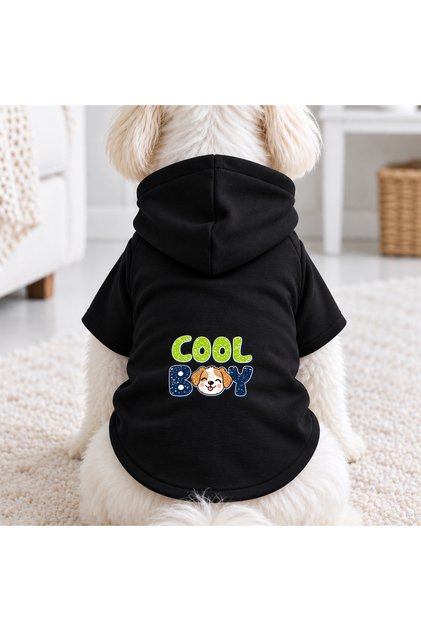 Black Cool Boy Printed Dog Sweatshirt |   Hooded, Fleece Fabric, Winter Dog Clothing