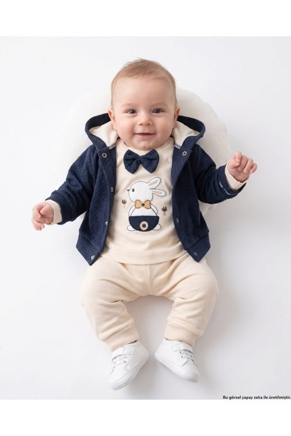 Baby Boy Newborn 0-3-6-9 Months Hooded Cardigan, Bow Tie, Elephant Embroidered 3-Piece Stylish Set