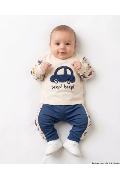 Baby Boy Car Printed 3-6-9-12 Months Seasonal 2 Threaded Top and Bottom Baby Set