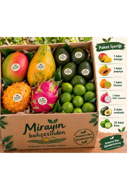 Tropikal tanışma paketi 1 adet Mango 1 Adet papaya meyvesi 1 adet Kivano 1 adet Ejder meyvesi 5 Adet Avokado 10 Adet Lime limon