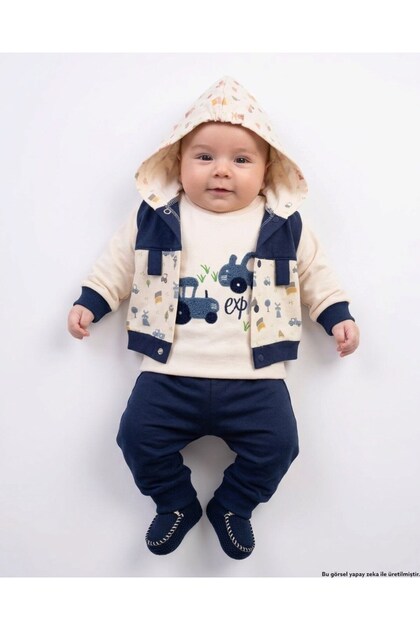 Baby Boy Newborn 0-3-6-9 Months Hooded Cardigan, Car Printed Badge, 3-Piece Stylish Set