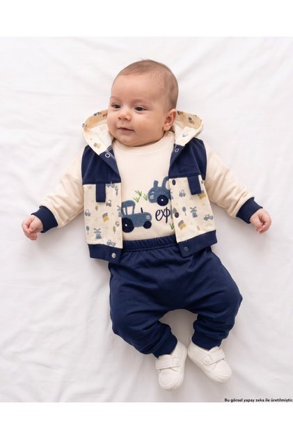 Baby Boy Newborn 0-3-6-9 Months Hooded Cardigan, Car Printed Badge, 3-Piece Stylish Set