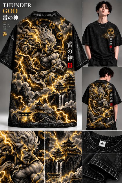 Thunder God Golden Lightning Back Printed Oversize Black Crew Neck T-Shirt