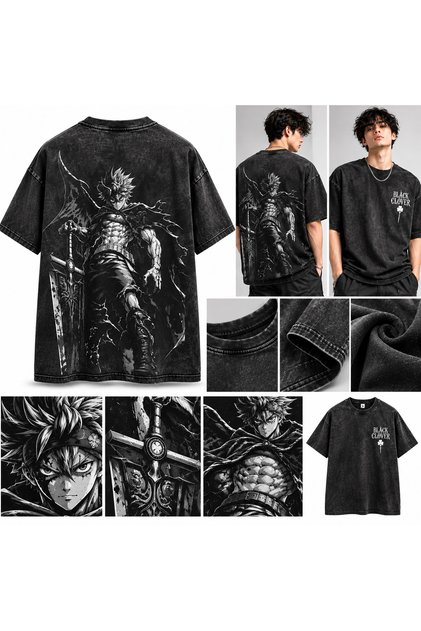 Black Clover Asta Large Sword Figure Back Printed Oversize Black Crew Neck T-Shirt