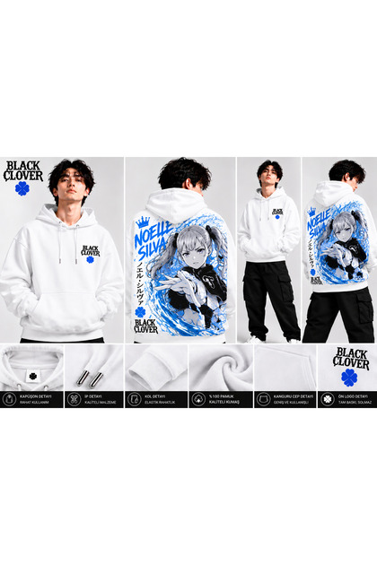 Black Clover Noelle Silva Back Printed Oversize Hooded White Sweatshirt with Kangaroo Pocket