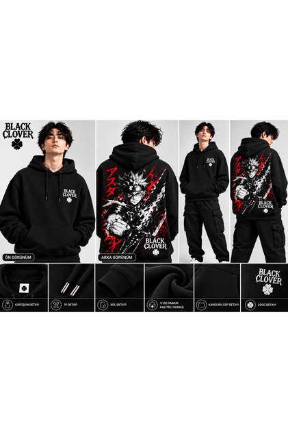 Black Clover Asta Large Sword Back Printed Oversize Hooded Black Sweatshirt with Kangaroo Pocket