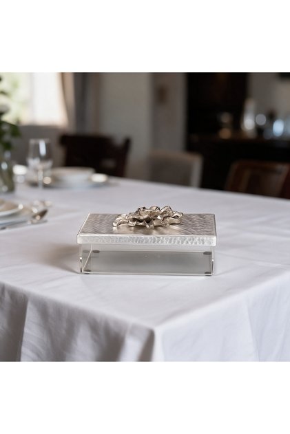 Acrylic Serving Box with Hammered Silver Lid and Luxurious Rose Flower