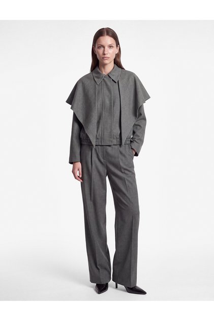 Long Sleeve Classic Collar Drawstring Cape Layered Bomber Jacket