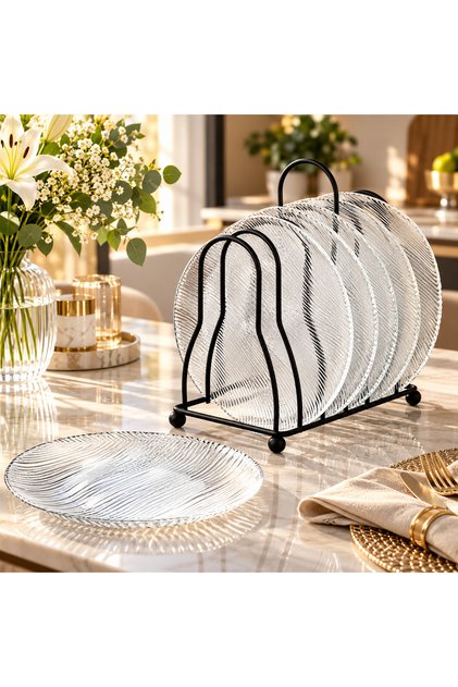 Luxury Clear Radial Pattern Glass Serving Bowl Set of 6 with Black Metal Stand - Diameter 15cm - for Candy Dates Nuts Entertaining