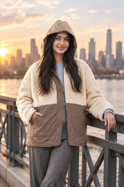 Hn-5749 Women's Camel Color Casual Hooded Coat