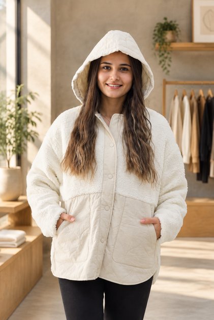Hn-3786 Women's Ecru Color Casual Hooded Coat