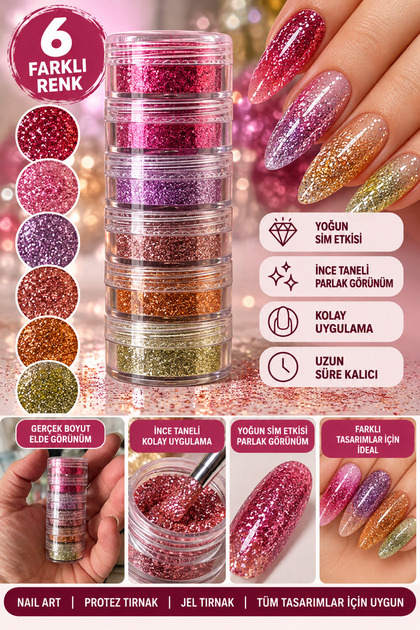 6 Renk Nail Art Sim Tozu Seti Glitter Parlak Pul Jel Protez Tırnak Kalıcı Oje Süsleme Dekorasyonu