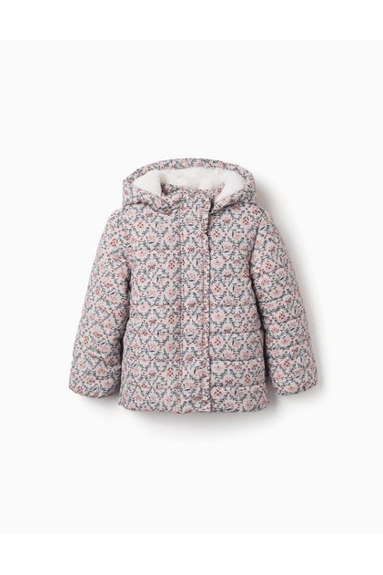Floral Puffer Jacket With Hood And Plush Lining For Girls, Beige