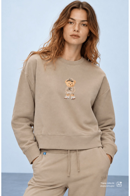 Cardi Beige Printed Cotton Crew Neck Loose Fit Women's Sweatshirt
