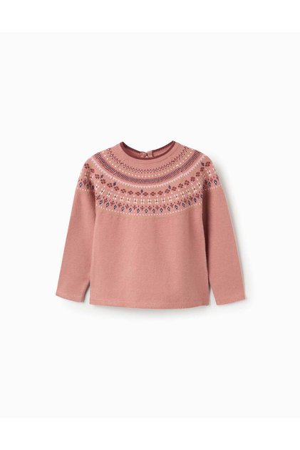 Knitted Jumper With Jacquard Pattern For Girls, Dusty Pink