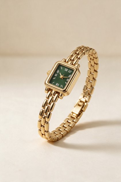 Women's Bracelet + Gold Color Metal Cord Rectangular Case Green Dial Wristwatch Set