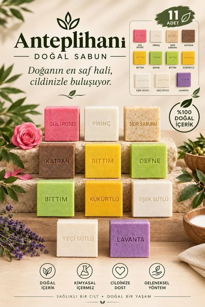 KARIŞIK SABUN SETİ: BITTIM,DEFNE,LAVANTA,GÜL,ZEYTİNYAĞI,SİDR,EŞEK,KEÇİ,KATRAN,PRİNÇ (11 ADET)