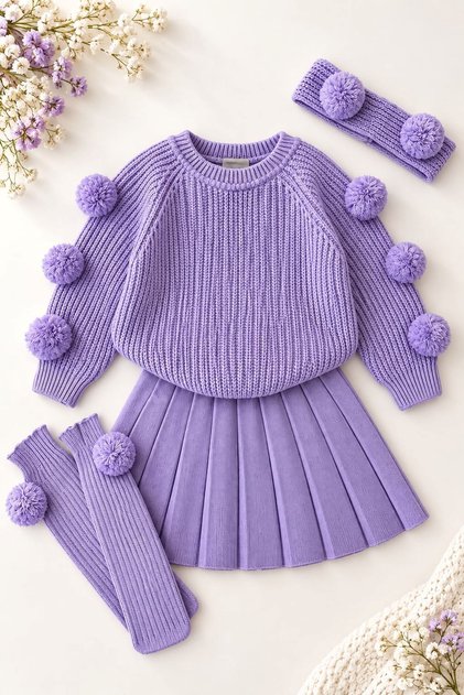 Girl's 3-Piece Set with Pon Pon Detail and Knitwear Skirt - Lilac