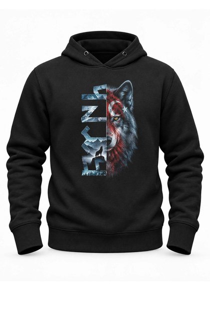 Moon Star Blue Göktürk Wolf Printed Black Hooded Pocketless Sweatshirt