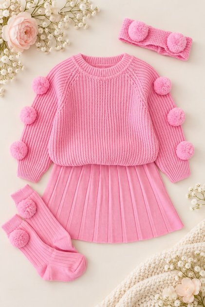 Pon Pon Detailed Knitwear Skirt 3-Piece Set for Girls - Pink