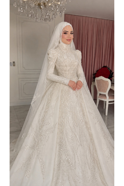 Tesettür Gelinlik İnci Kristal Taş İşlemeli Uzun Kollu Dik Yaka Prenses Model Gelinlik