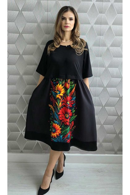 Rochie Perla cu imprimeuri colorate și buzunare, midi